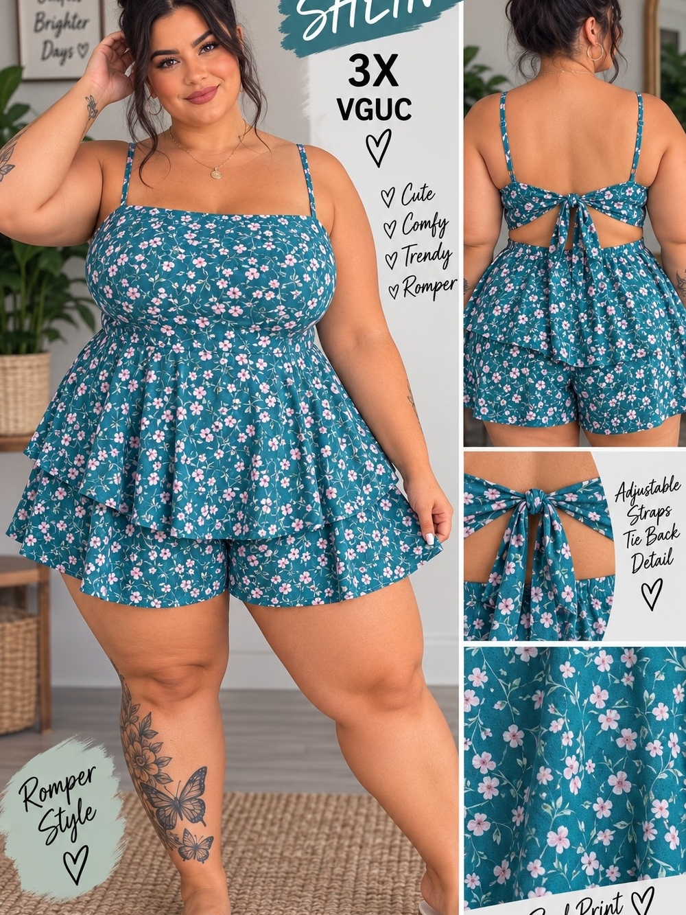 SHEIN Teal Floral Tie-Back Romper